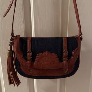 Nine West Brown and Denim Crossbody Bag w long adjustable strap. Large tassle!